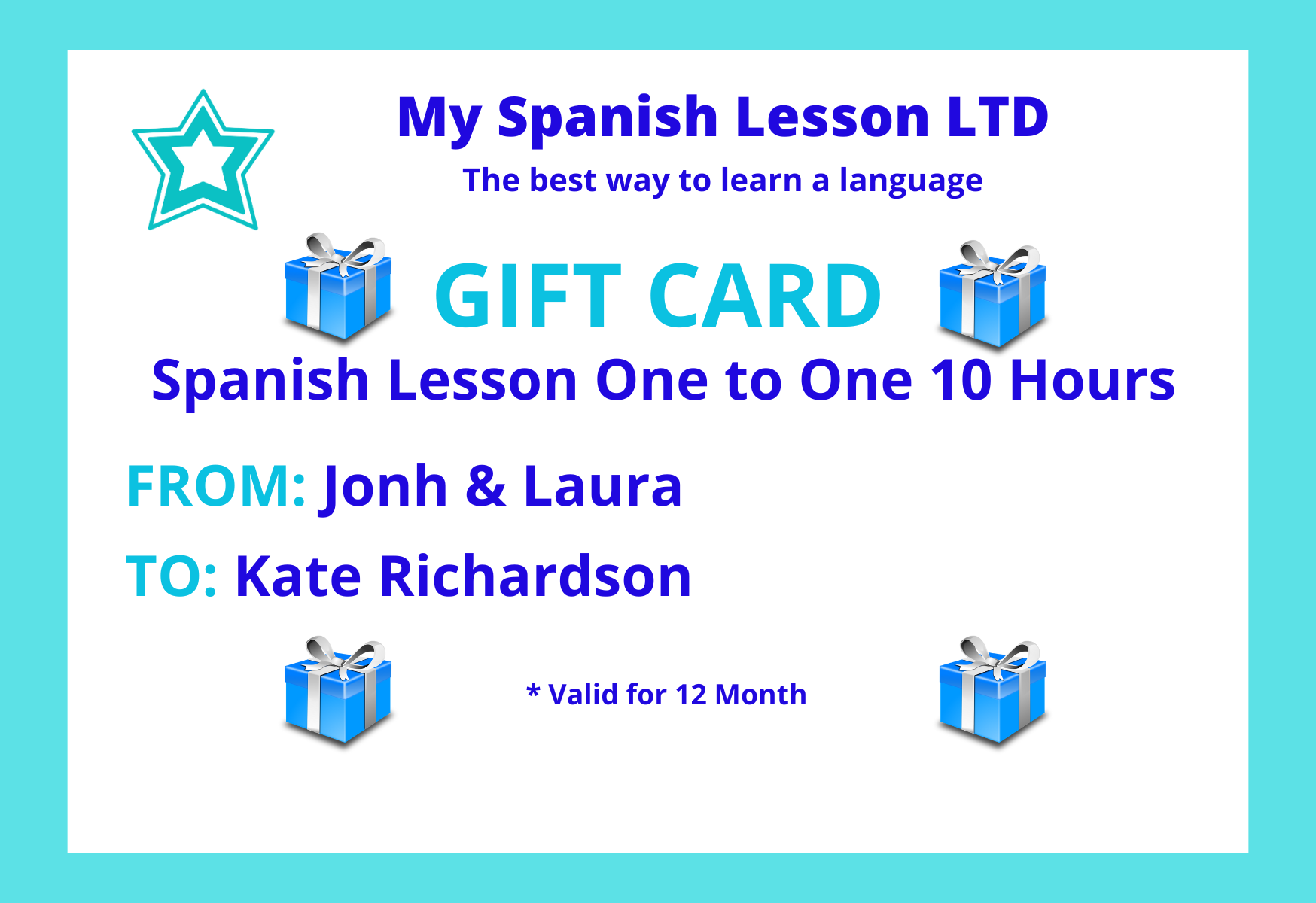 Spanish Lessons one to one gift cards