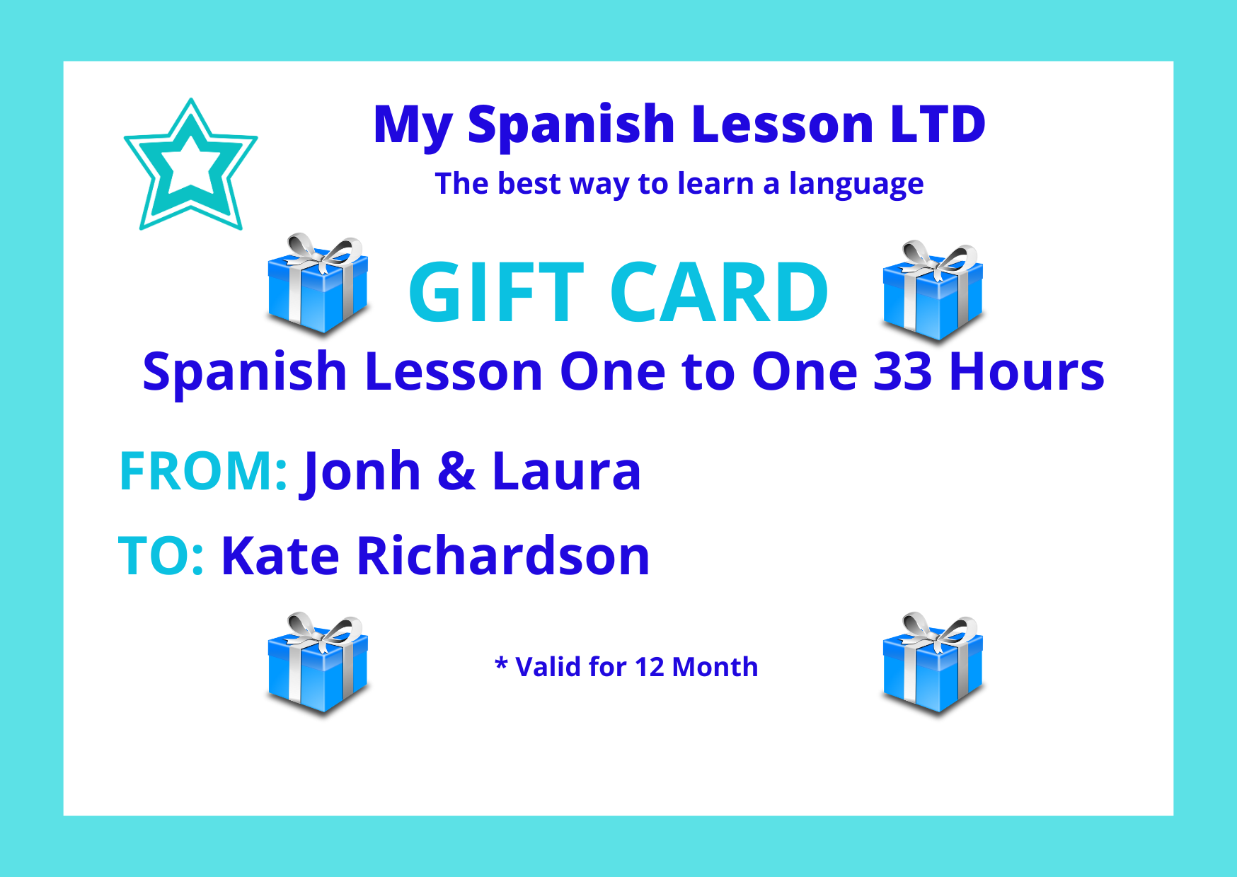 Yellow Border Encouragement Card (2) SPANISH LESSON ONE TO ONE GIFT CARD