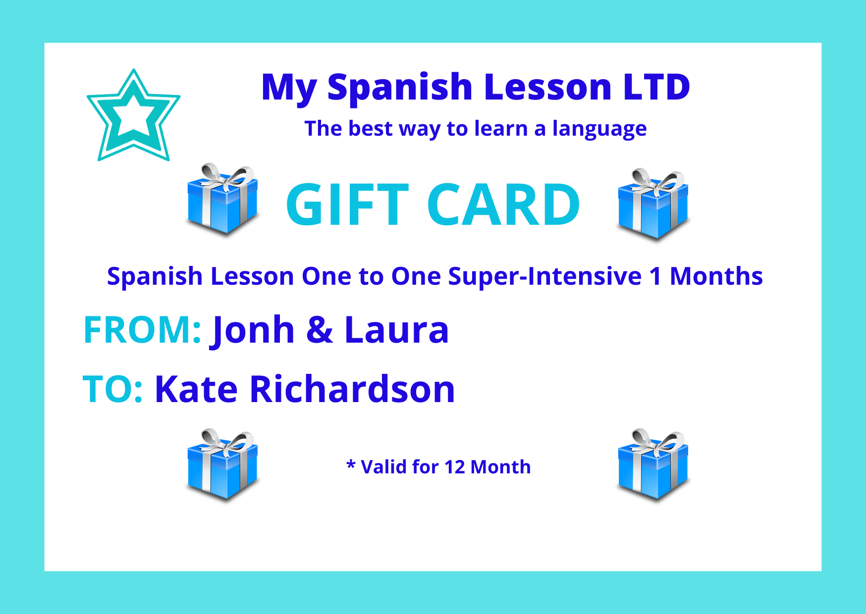 SPANISH LESSONS ONE TO ONE GIFT CARD SUPER INTENSIVE 1 MONTH SPANISH LESSONS ONE TO ONE GIFT CARD SUPER INTENSIVE 1 MONTH